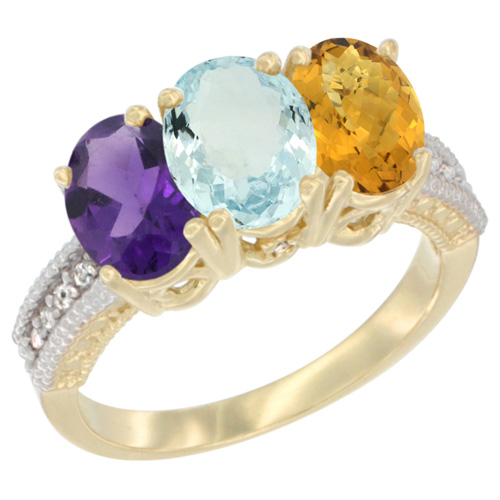10K Yellow Gold Diamond Natural Amethyst, Aquamarine & Whisky Quartz Ring Oval 3-Stone 7x5 mm,sizes 5-10