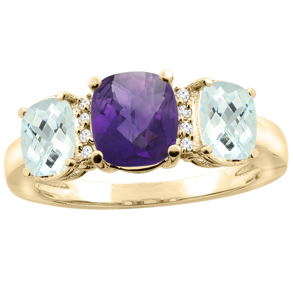 10K Yellow Gold Natural Amethyst & Aquamarine 3-stone Ring Cushion 8x6mm Diamond Accent, sizes 5 - 10