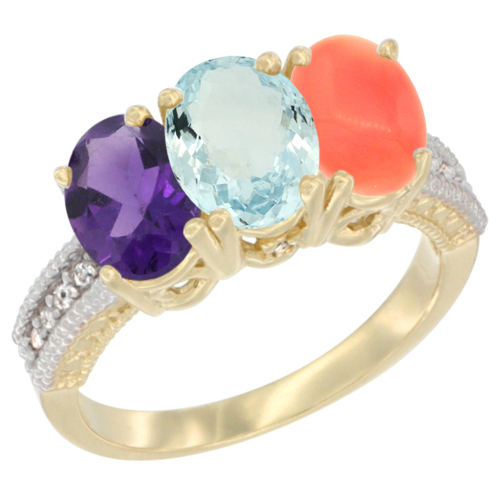 10K Yellow Gold Diamond Natural Amethyst, Aquamarine & Coral Ring Oval 3-Stone 7x5 mm,sizes 5-10