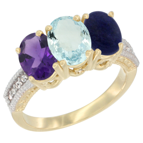 14K Yellow Gold Natural Amethyst, Aquamarine & Lapis Ring 3-Stone 7x5 mm Oval Diamond Accent, sizes 5 - 10
