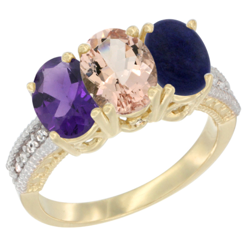 14K Yellow Gold Natural Amethyst, Morganite & Lapis Ring 3-Stone 7x5 mm Oval Diamond Accent, sizes 5 - 10