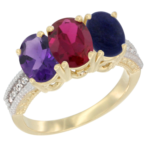 14K Yellow Gold Natural Amethyst, Enhanced Ruby & Natural Lapis Ring 3-Stone 7x5 mm Oval Diamond Accent, sizes 5 - 10