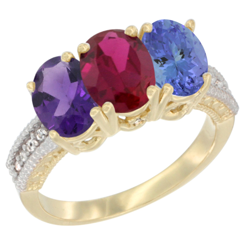 14K Yellow Gold Natural Amethyst, Enhanced Ruby & Natural Tanzanite Ring 3-Stone 7x5 mm Oval Diamond Accent, sizes 5 - 10