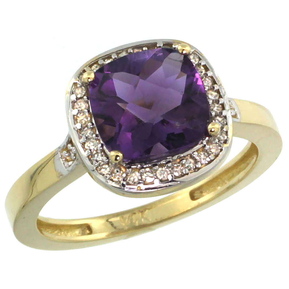 10K Yellow Gold Diamond Genuine Amethyst Ring Cushion-cut 8x8mm sizes 5-10