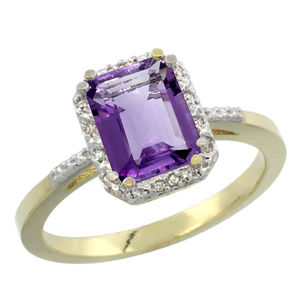 10K Yellow Gold Natural Amethyst Ring Emerald-shape 8x6mm Diamond Accent, sizes 5-10