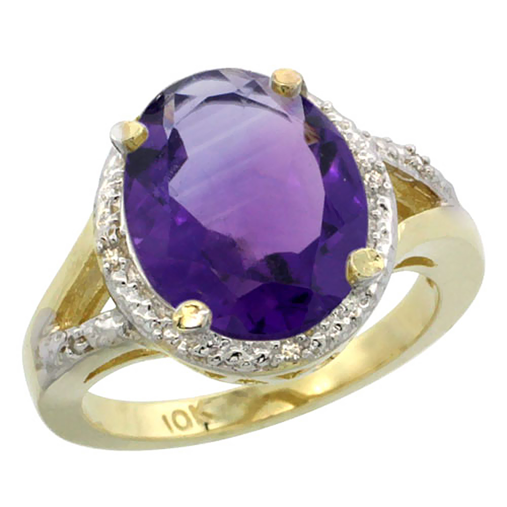 10K Yellow Gold Natural Amethyst Ring Oval 12x10mm Diamond Accent, sizes 5-10