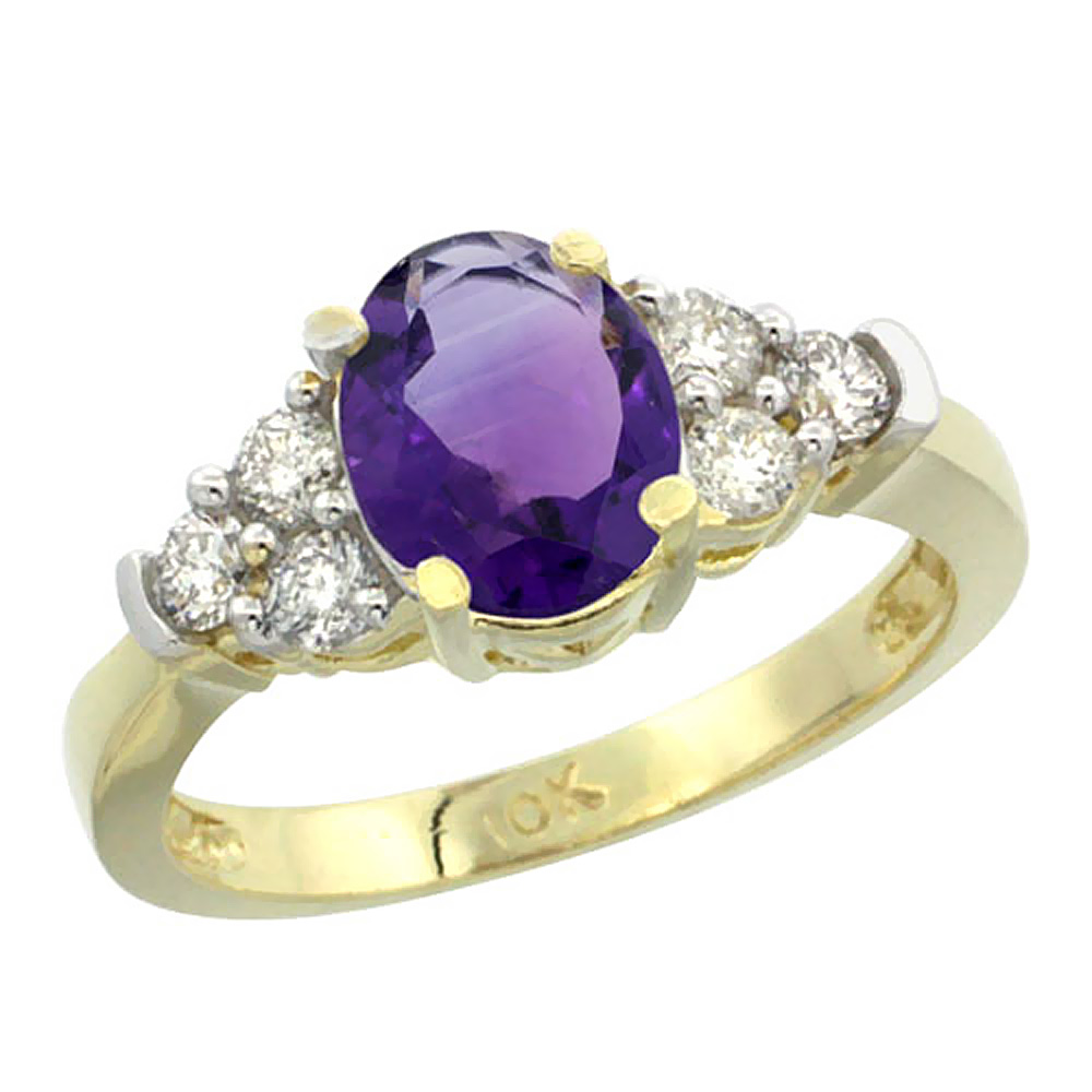 10K Yellow Gold Natural Amethyst Ring Oval 9x7mm Diamond Accent, sizes 5-10
