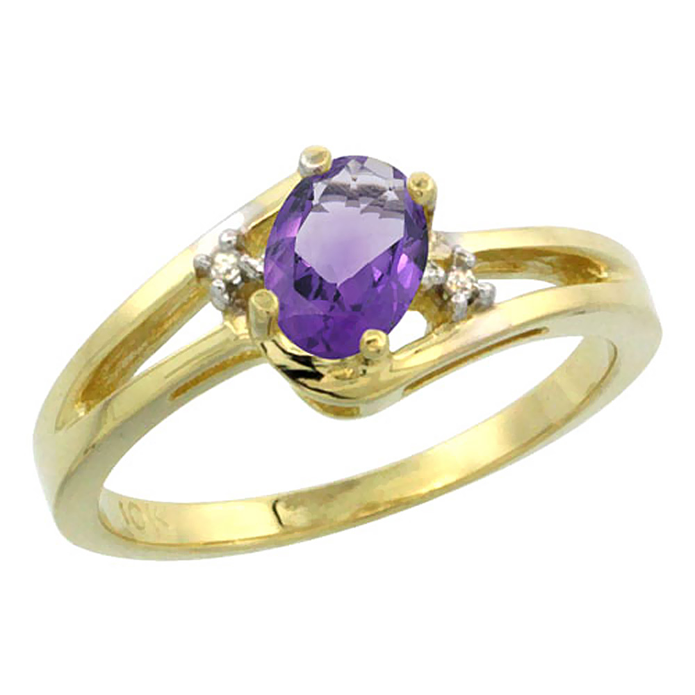 10K Yellow Gold Diamond Natural Amethyst Ring Oval 6x4 mm, sizes 5-10