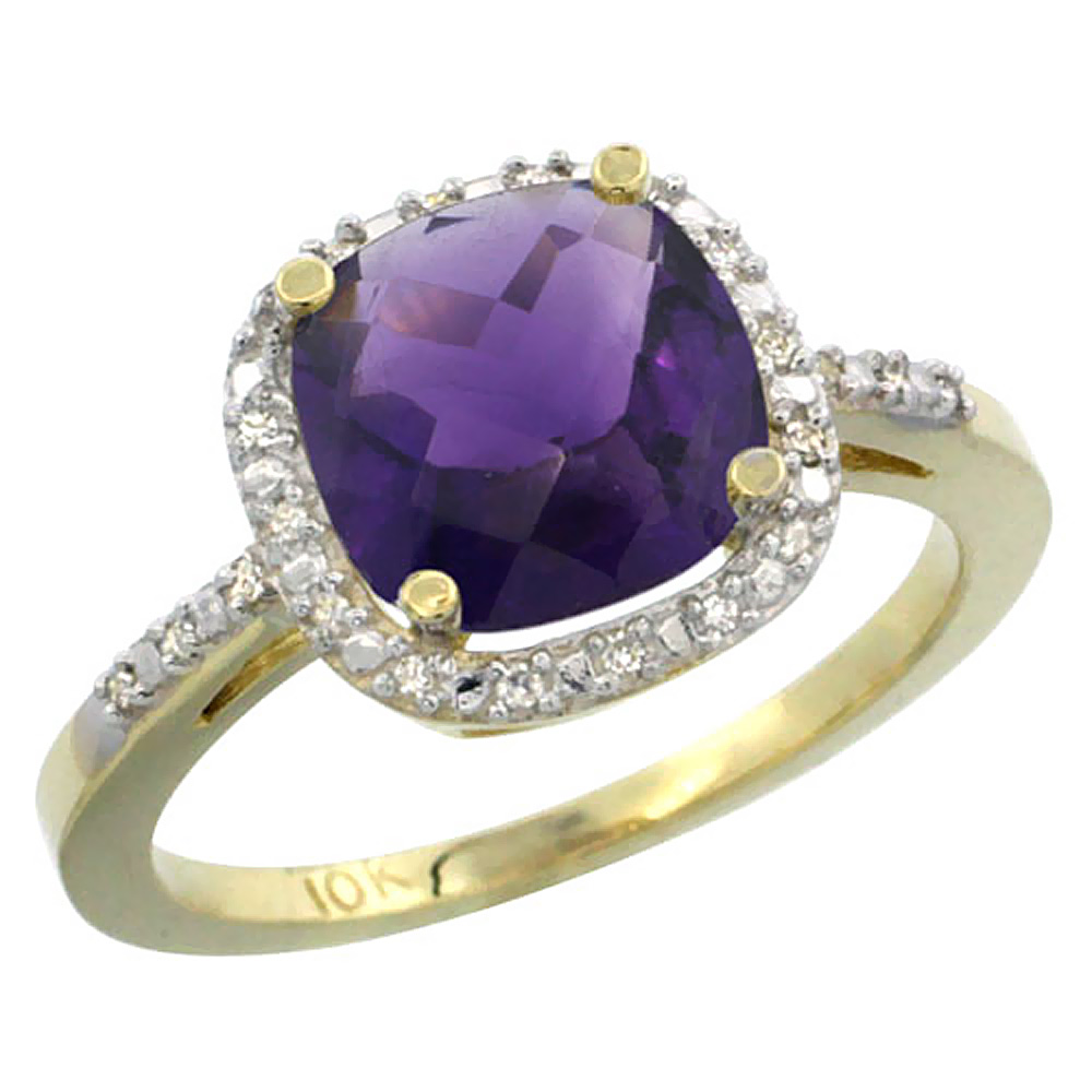 10K Yellow Gold Natural Amethyst Ring Cushion-cut 8x8mm Diamond Accent, sizes 5-10
