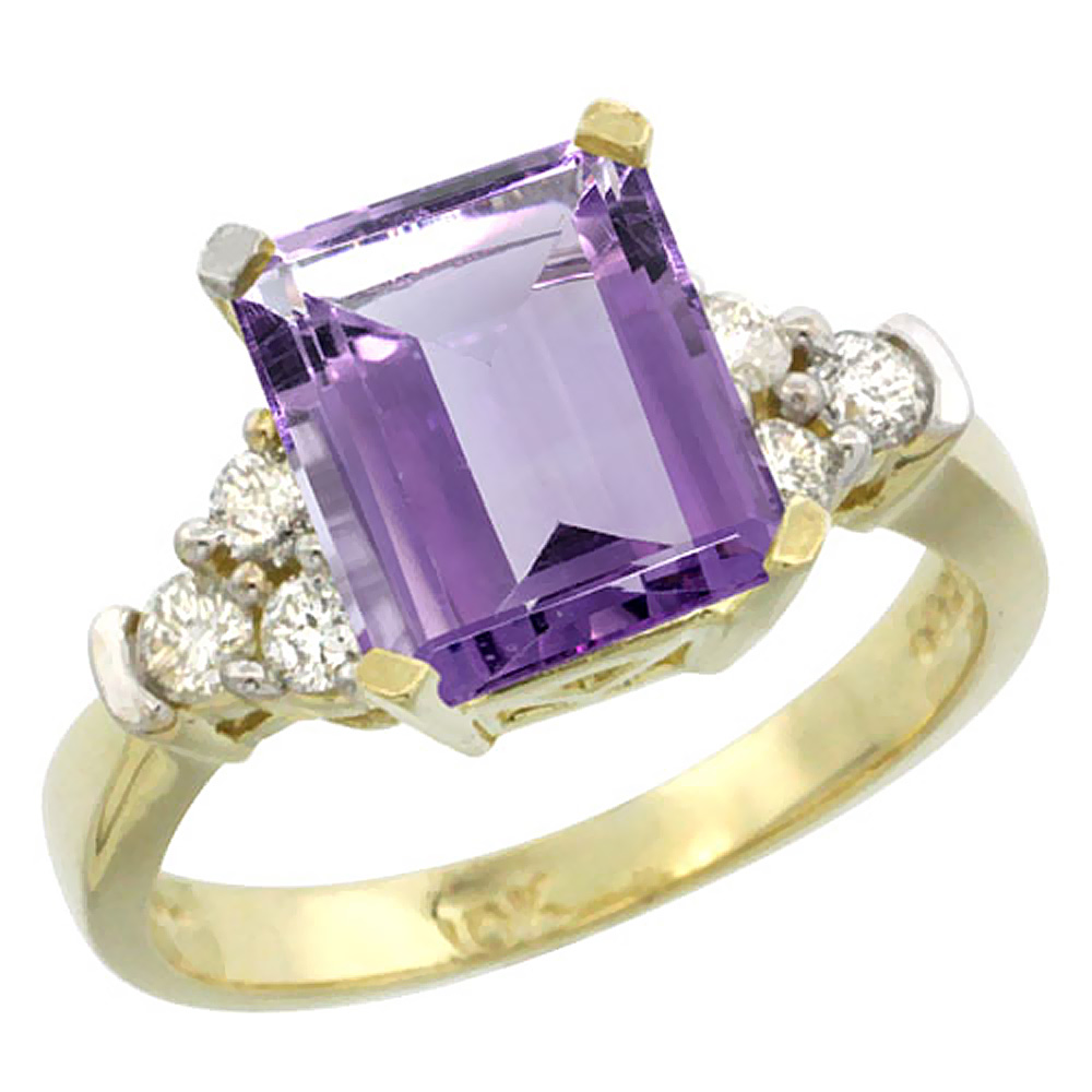 10K Yellow Gold Natural Amethyst Ring Octagon 9x7mm Diamond Accent, sizes 5-10