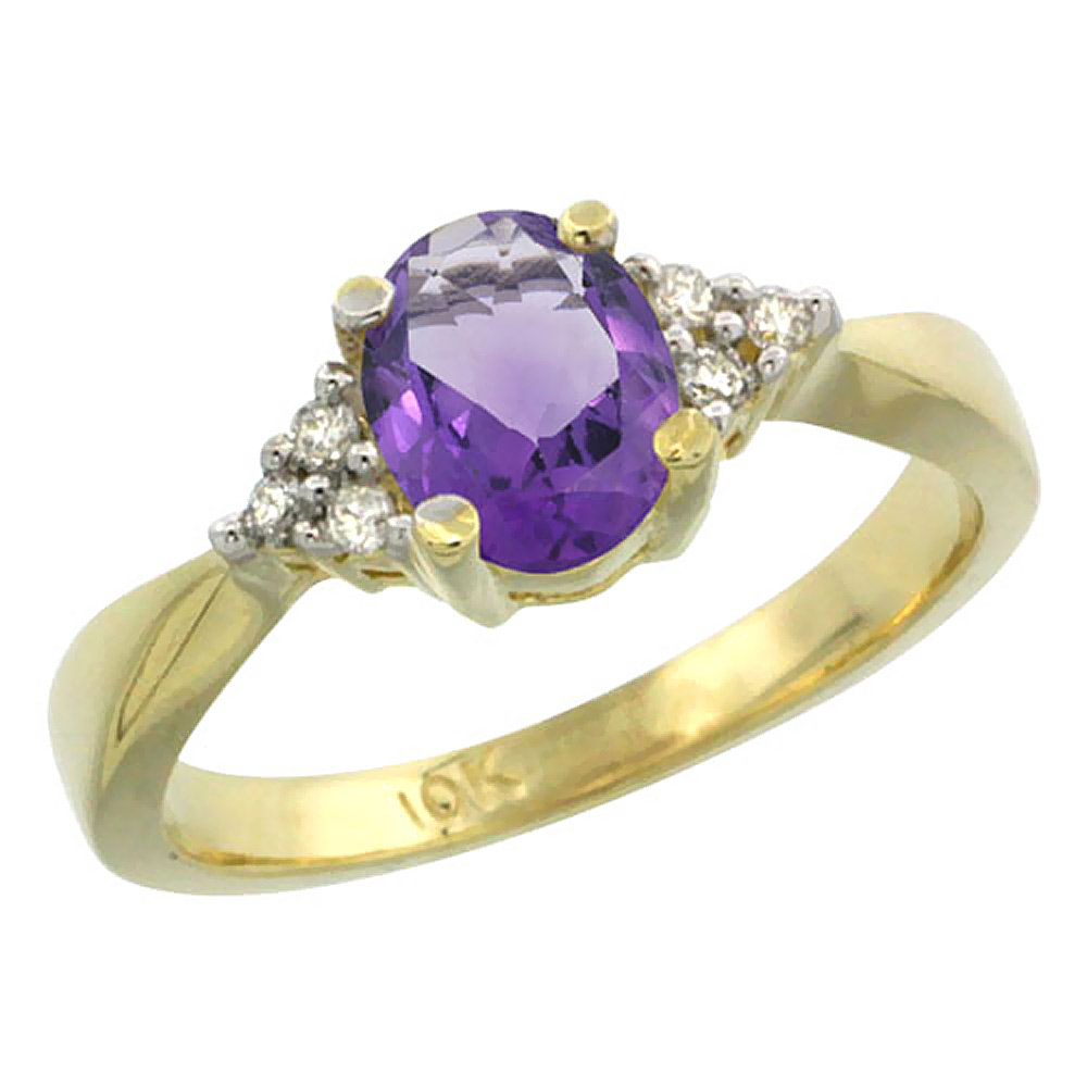 10K Yellow Gold Diamond Natural Amethyst Engagement Ring Oval 7x5mm, sizes 5-10