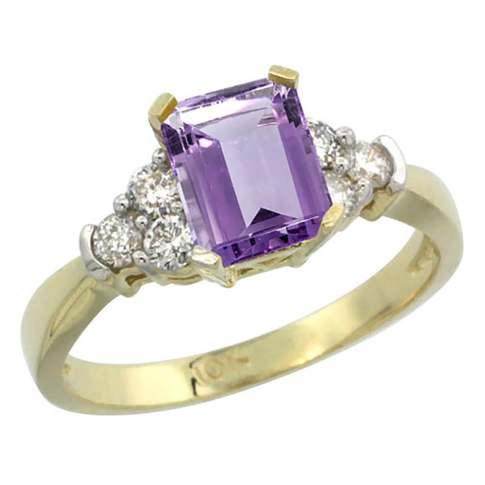 10K Yellow Gold Natural Amethyst Ring Octagon 7x5mm Diamond Accent, sizes 5-10