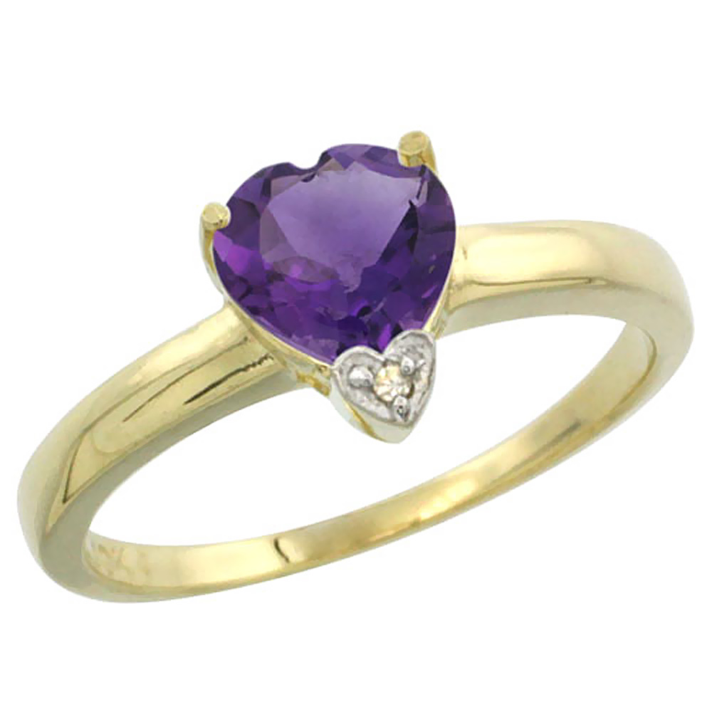 10K Yellow Gold Natural Amethyst Heart 7x7mm Diamond Accent, sizes 5-10