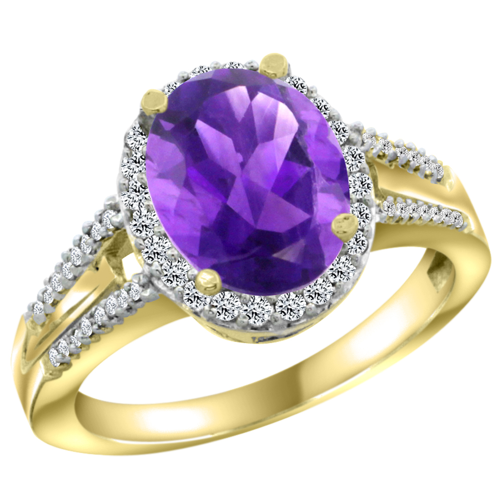 10K Yellow Gold Diamond Natural Amethyst Engagement Ring Oval 10x8mm, sizes 5-10