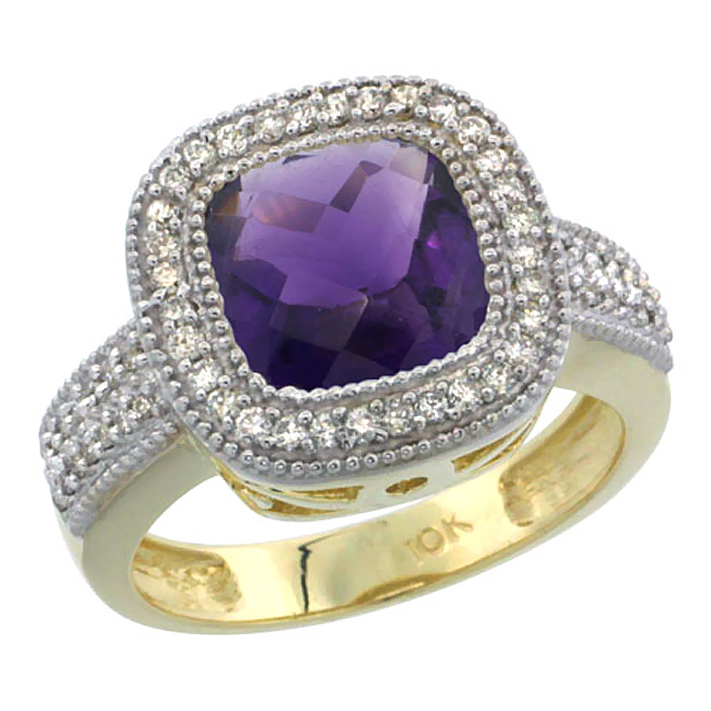 10K Yellow Gold Natural Amethyst Ring Cushion-cut 9x9mm Diamond Accent, sizes 5-10