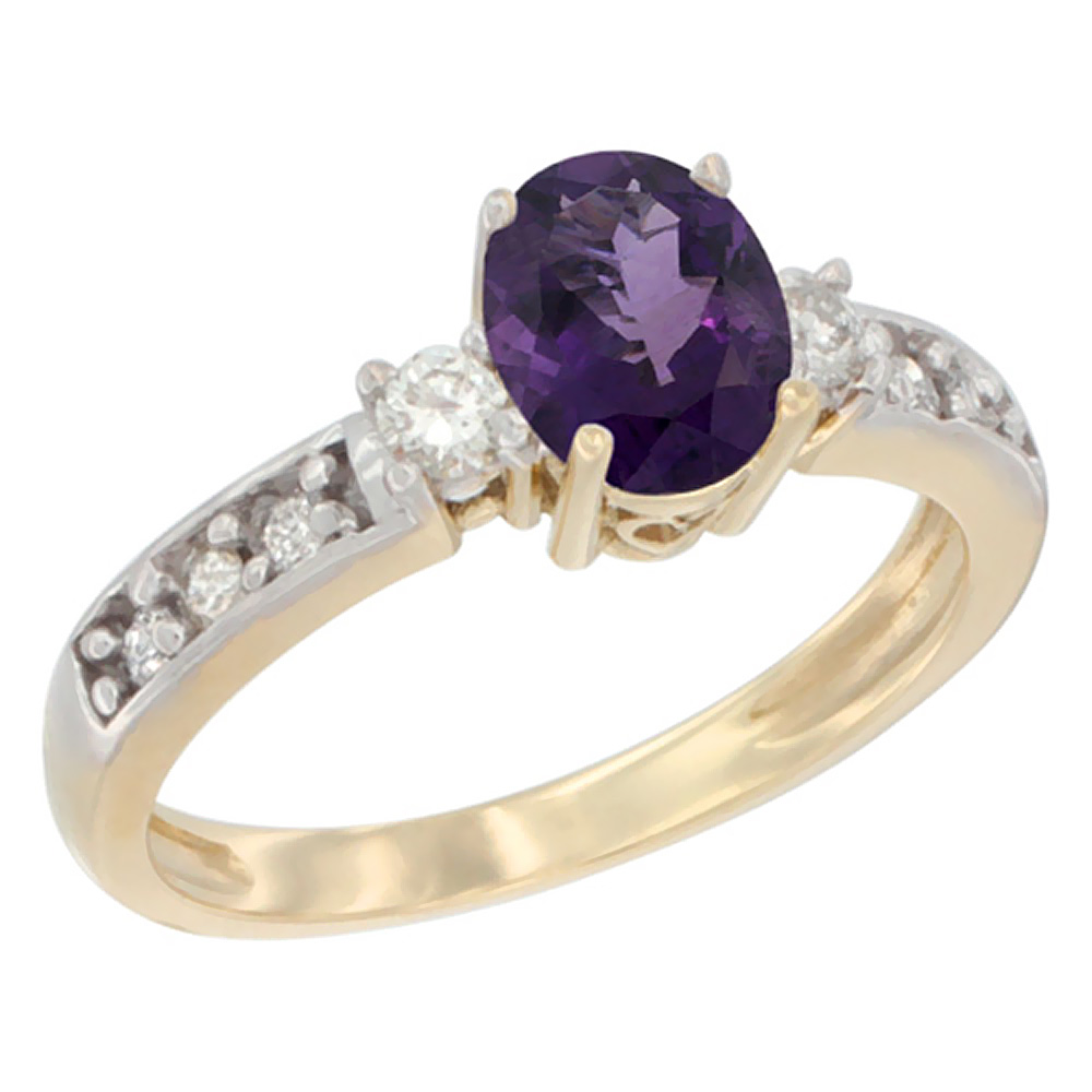 10k Yellow Gold Natural Amethyst Ring Oval 7x5 mm Diamond Accent, sizes 5 - 10