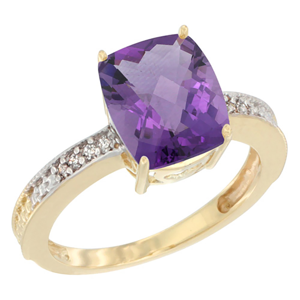10K Yellow Gold Diamond Cushion 10x8 mm Natural Amethyst Stone Ring, sizes 5 - 10