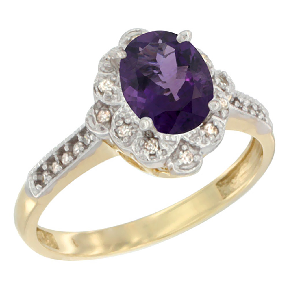 10K Yellow Gold Natural Amethyst Ring Oval 8x6 mm Floral Diamond Halo, sizes 5 - 10
