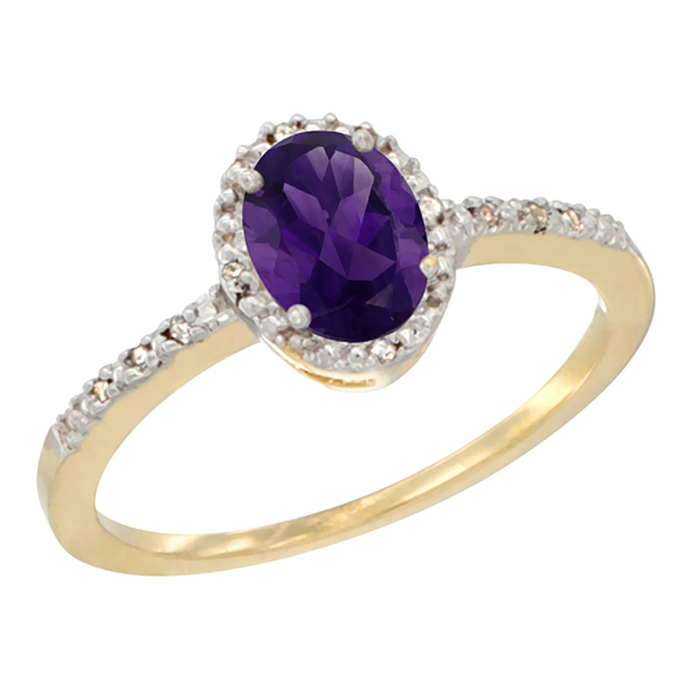 10K Yellow Gold Diamond Natural Amethyst Engagement Ring Oval 7x5 mm, sizes 5 - 10