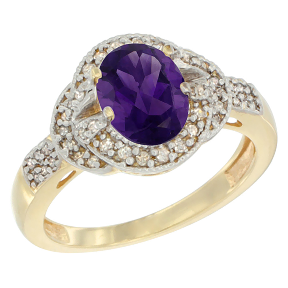 10K Yellow Gold Natural Amethyst Ring Oval 8x6 mm Diamond Accent, sizes 5 - 10