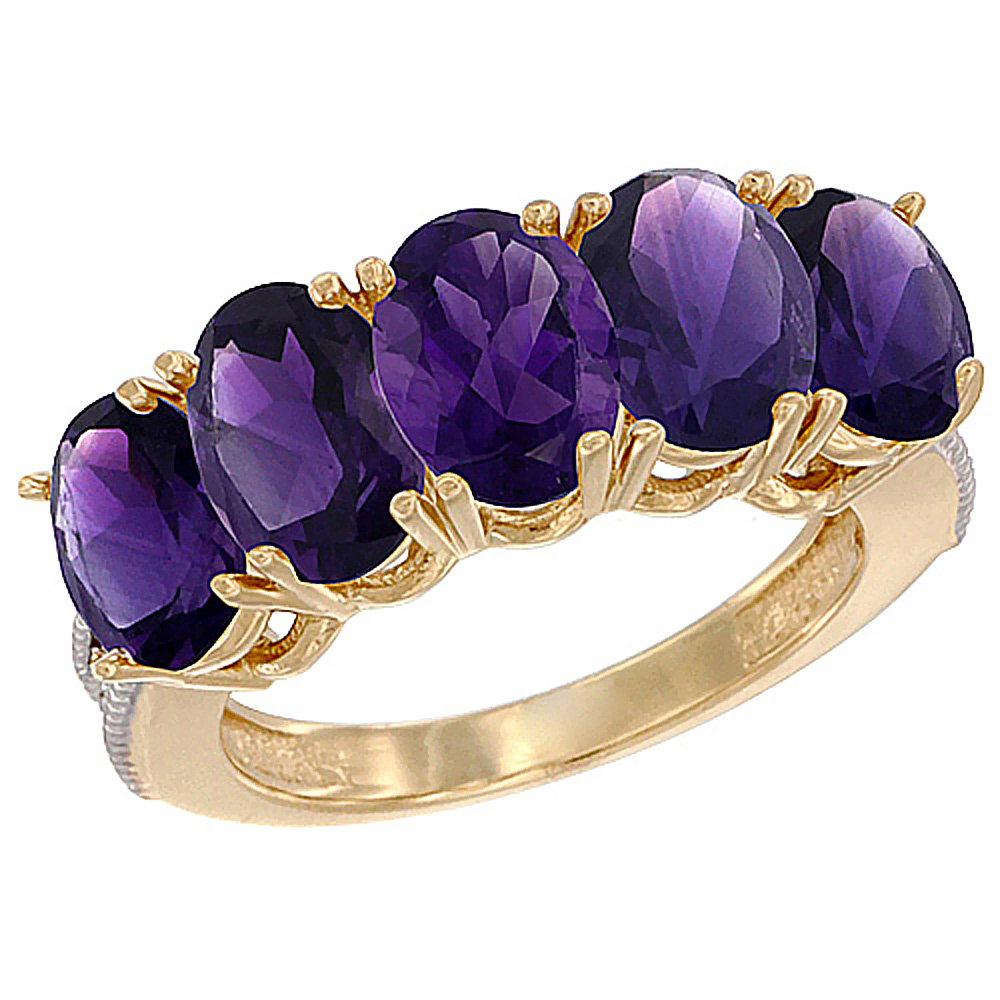 14K Yellow Gold Natural Amethyst 1 ct. Oval 7x5mm 5-Stone Mother's Ring with Diamond Accents, sizes 5 to 10 with half sizes