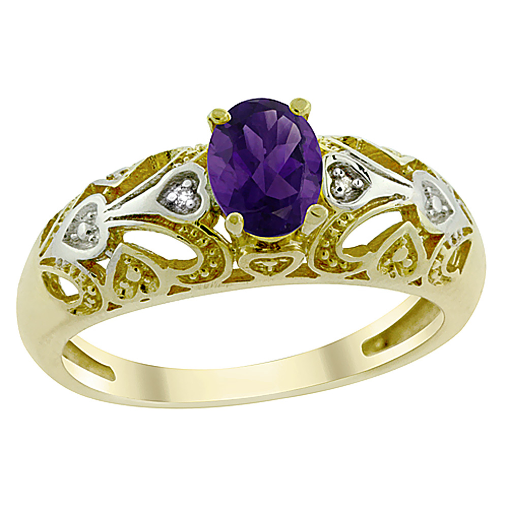 14K Yellow Gold Natural Amethyst Ring Oval 6x4 mm Diamond Accent, sizes 5 - 10