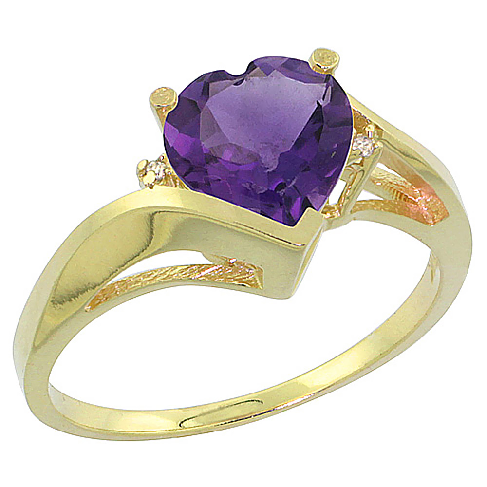 14K Yellow Gold Natural Amethyst Heart Ring 7mm Diamond Accent, sizes 5 - 10