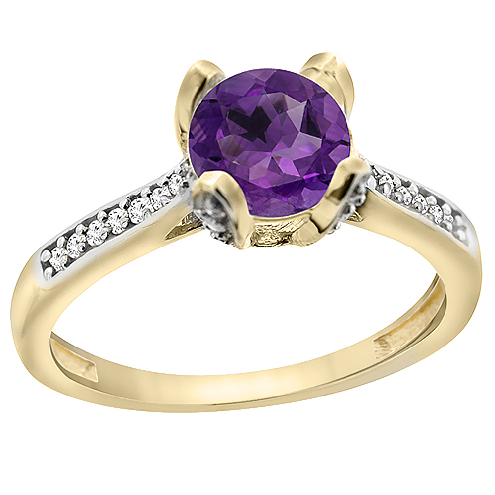 14K Yellow Gold Diamond Natural Amethyst Engagement Ring Round 7mm, sizes 5 to 10 with half sizes