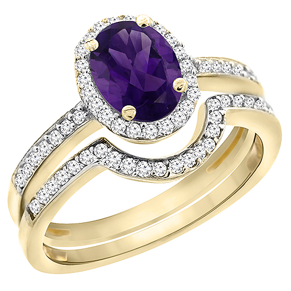 14K Yellow Gold Diamond Natural Amethyst 2-Pc. Engagement Ring Set Oval 8x6 mm, sizes 5 - 10