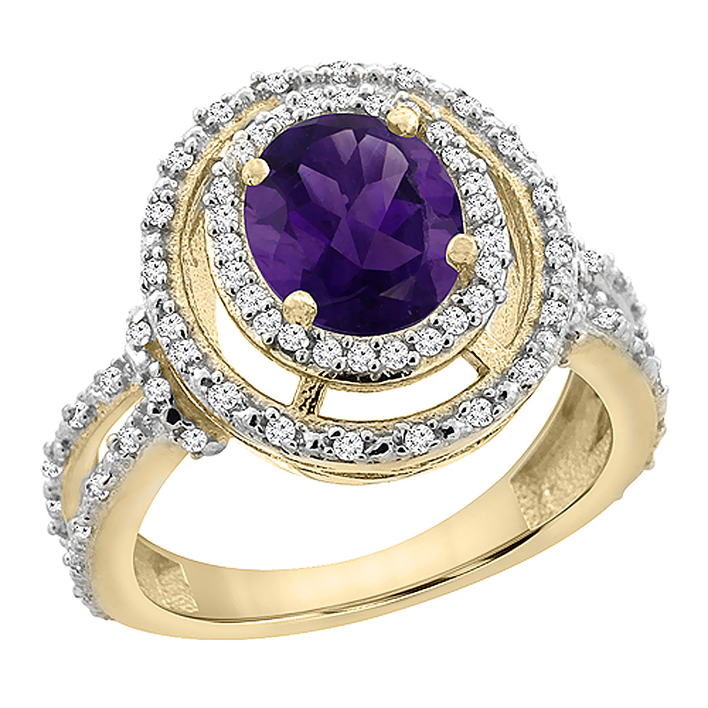 10K Yellow Gold Natural Amethyst Ring Oval 8x6 mm Double Halo Diamond, sizes 5 - 10