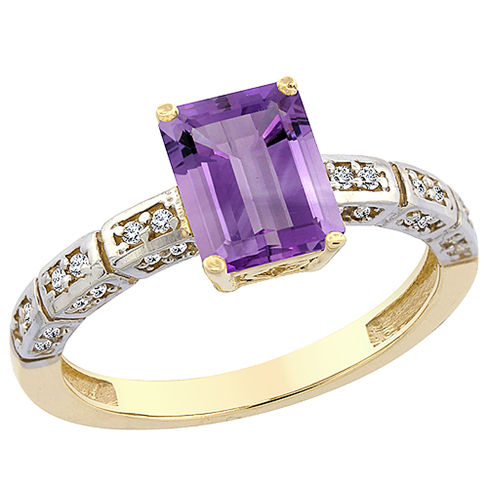 10K Yellow Gold Natural Amethyst Octagon 8x6 mm with Diamond Accents, sizes 5 - 10