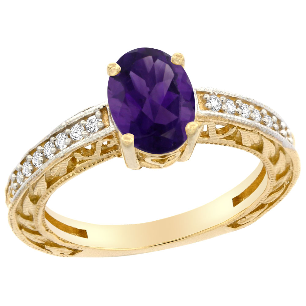 10K Gold Natural Amethyst Ring Oval 8x6 mm Diamond Accents, sizes 5 - 10