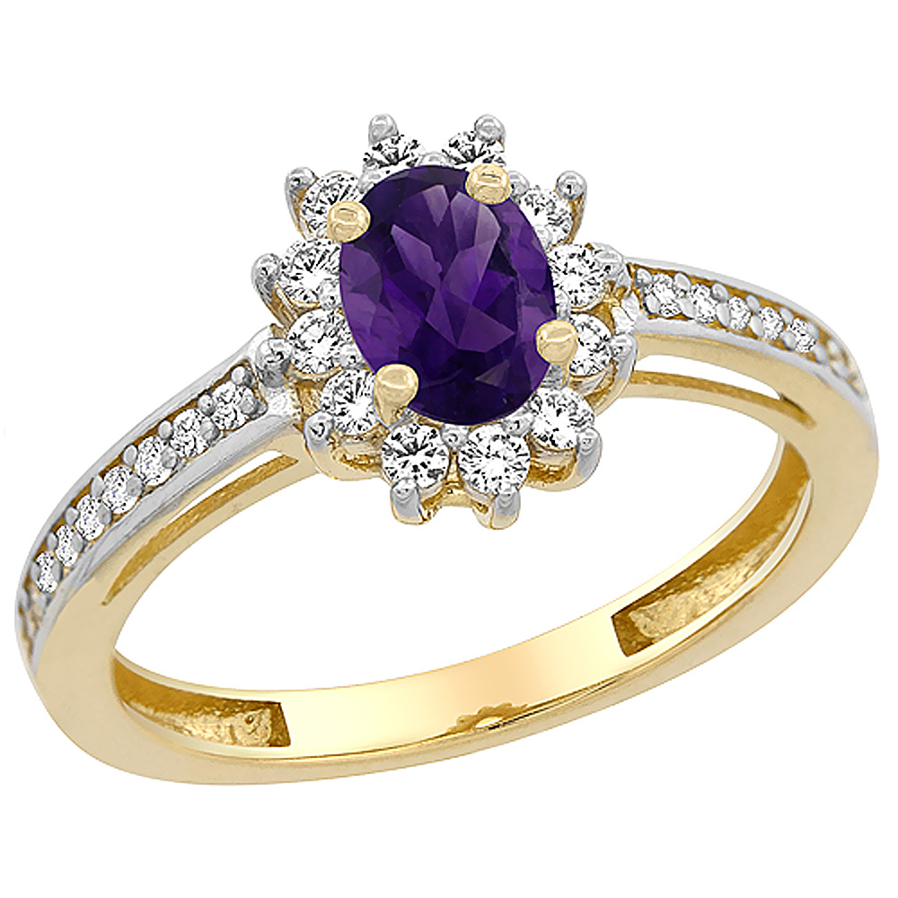 10K Yellow Gold Natural Amethyst Flower Halo Ring Oval 6x4 mm Diamond Accents, sizes 5 - 10