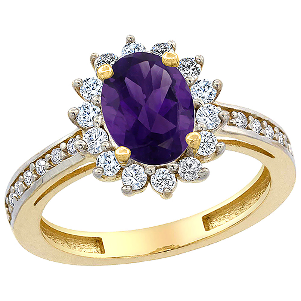 10K Yellow Gold Natural Amethyst Floral Halo Ring Oval 8x6mm Diamond Accents, sizes 5 - 10