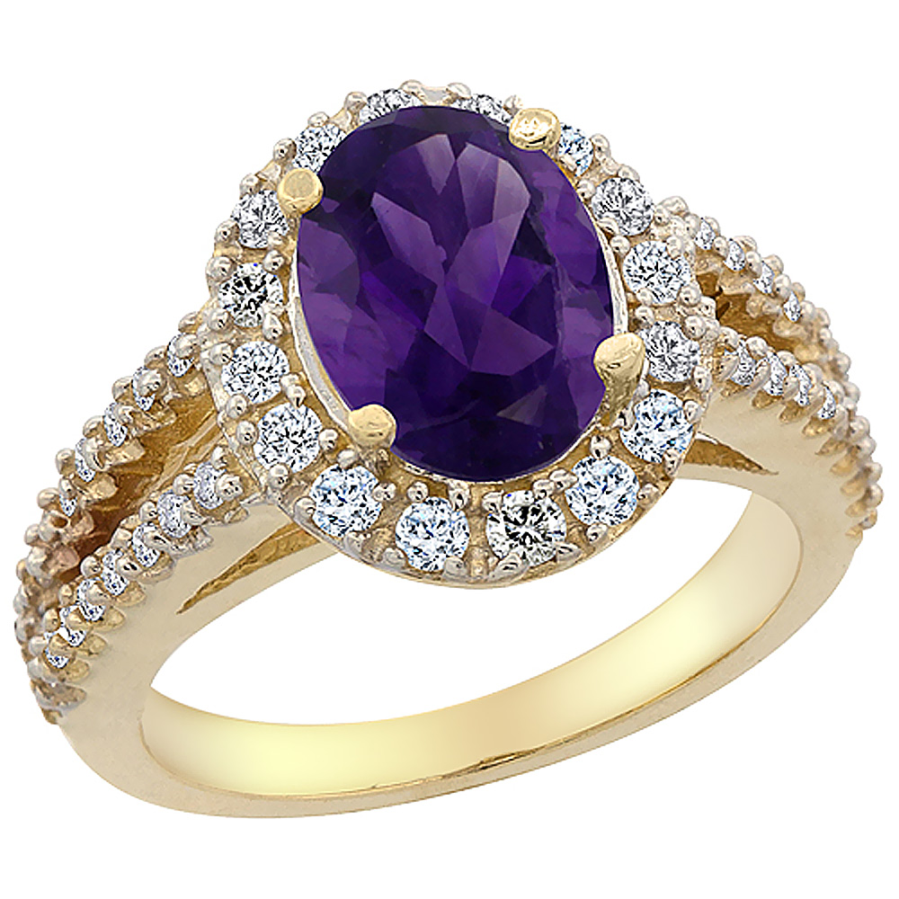 10K Yellow Gold Diamond Natural Amethyst Engagement Ring Oval 10x8mm, sizes 5-10