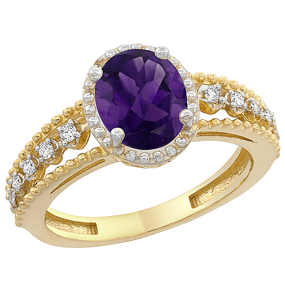 10K Yellow Gold Natural Amethyst Ring Oval 9x7 mm Floating Diamond Accents, sizes 5 - 10