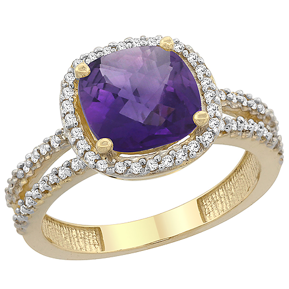 10K Yellow Gold Natural Amethyst Ring Cushion-cut 8x8 mm 2-row Diamond Accents, sizes 5 - 10