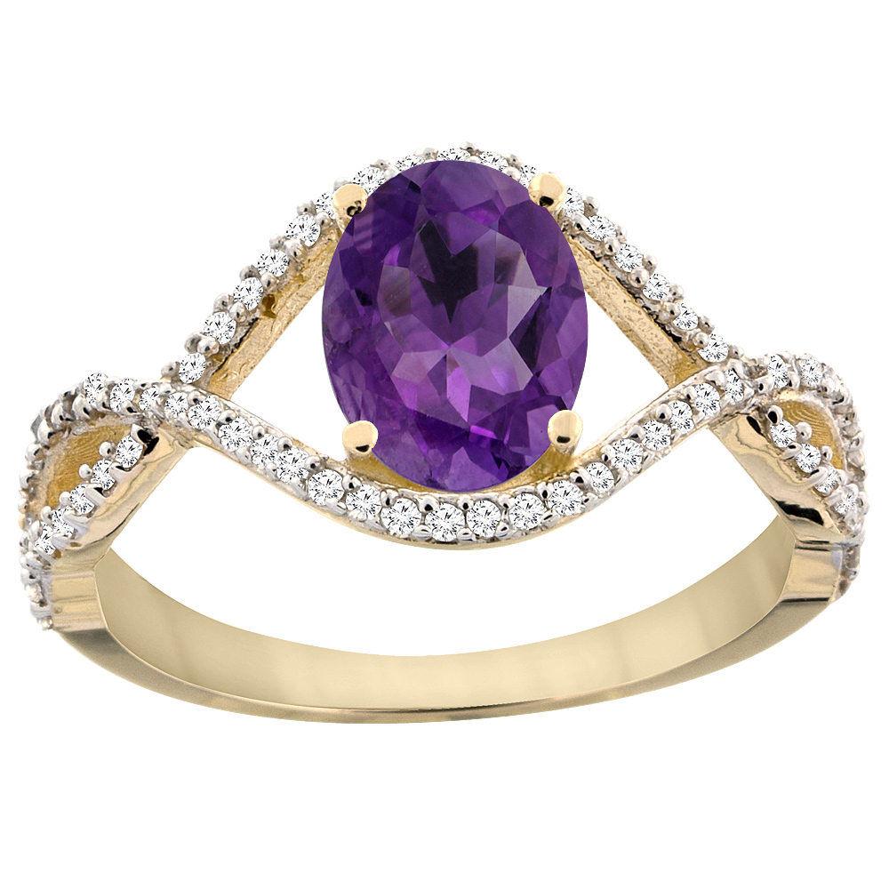 10K Yellow Gold Natural Amethyst Ring Oval 8x6 mm Infinity Diamond Accents, sizes 5 - 10
