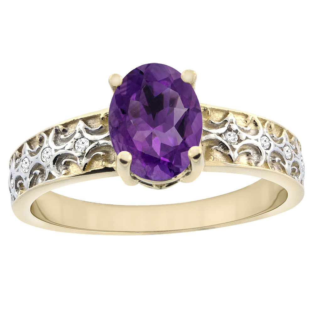 10K Yellow Gold Natural Amethyst Ring Oval 8x6 mm Diamond Accents, sizes 5 - 10