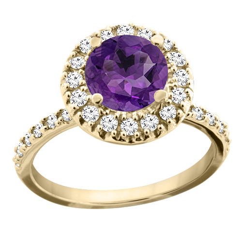 10K Yellow Gold Natural Amethyst Ring Round 8mm Floating Halo Diamond, sizes 5 - 10