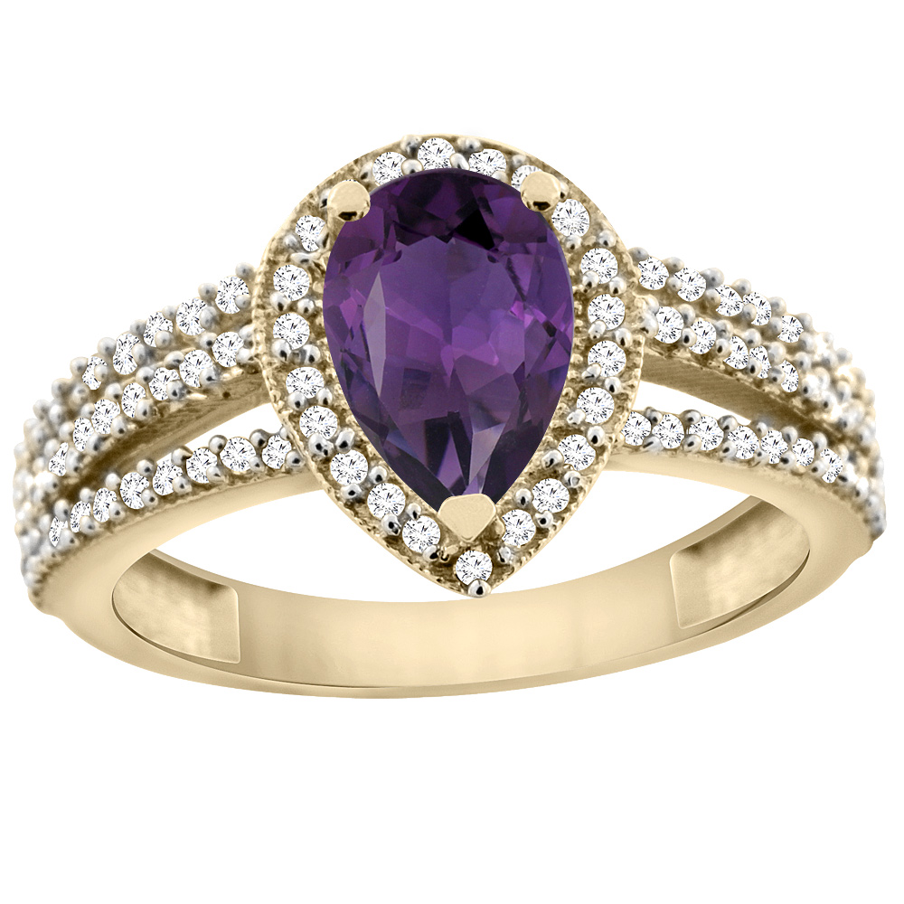 10K Yellow Gold Natural Amethyst Ring 9x7 Pear Halo Diamond, sizes 5 - 10