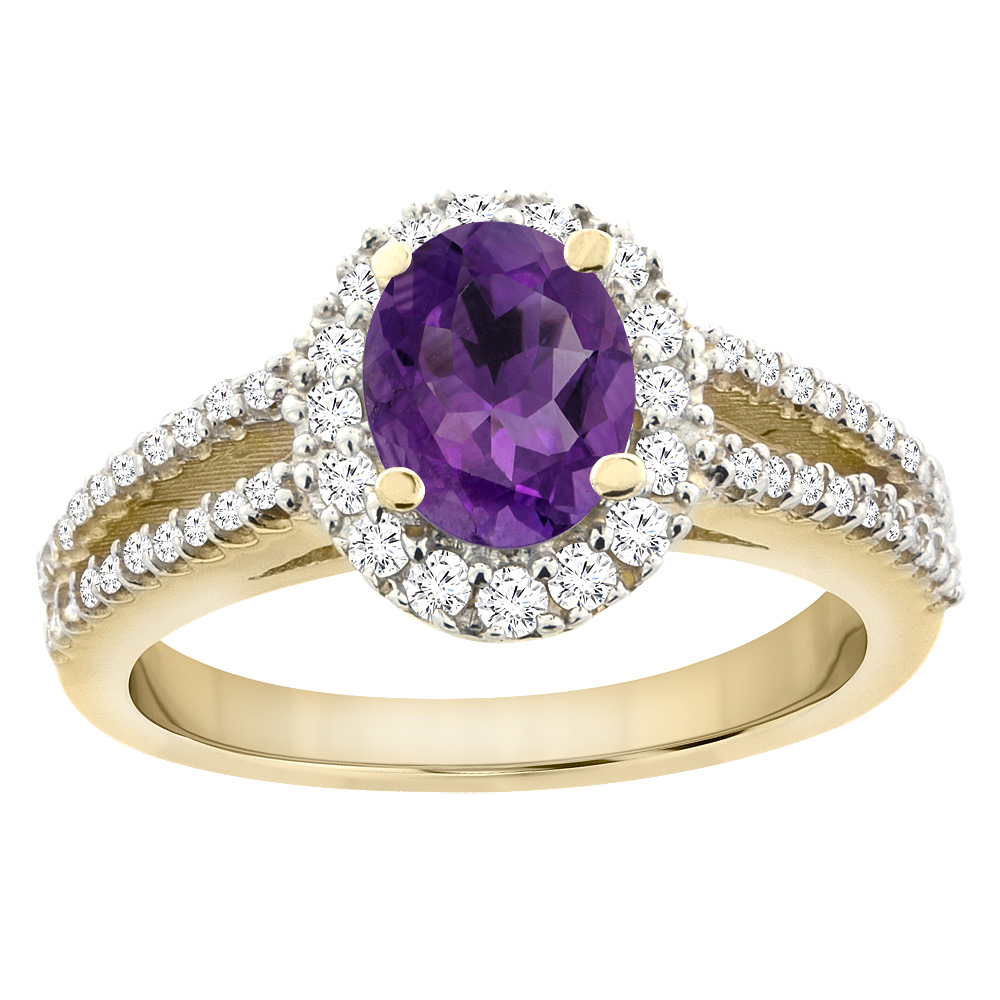 10K Yellow Gold Natural Amethyst Split Shank Halo Engagement Ring Oval 7x5 mm, sizes 5 - 10