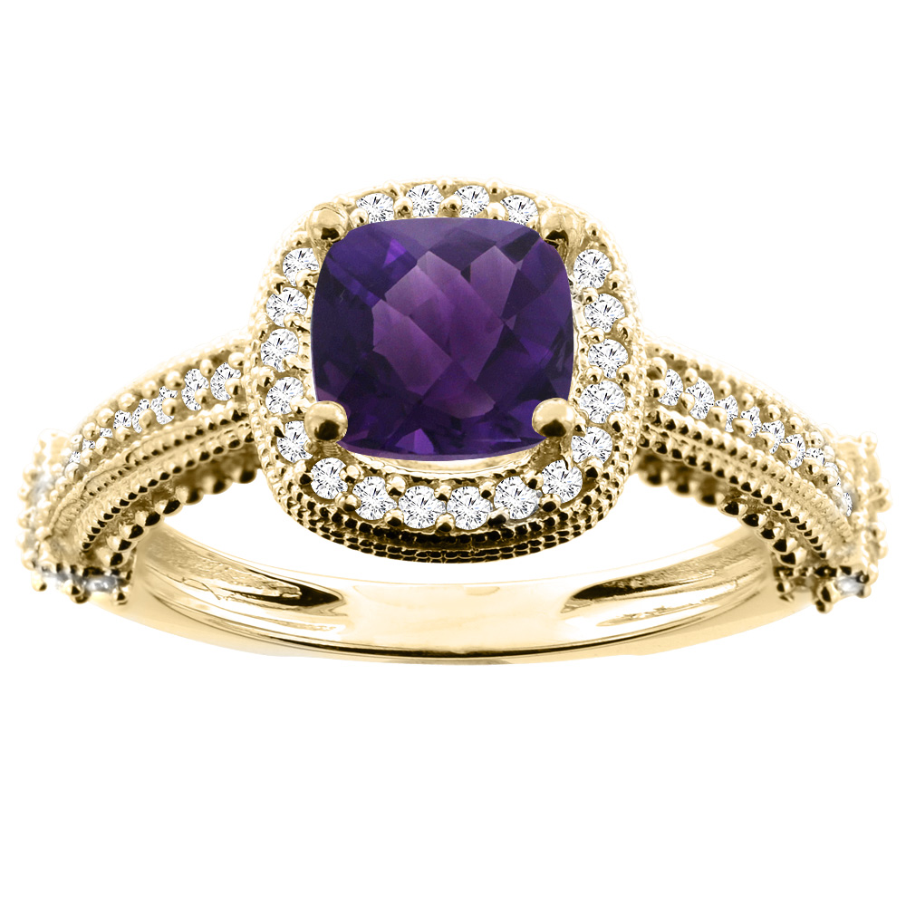10K White/Yellow/Rose Gold Natural Amethyst Ring Cushion 7x7mm Diamond Accent, sizes 5 - 10