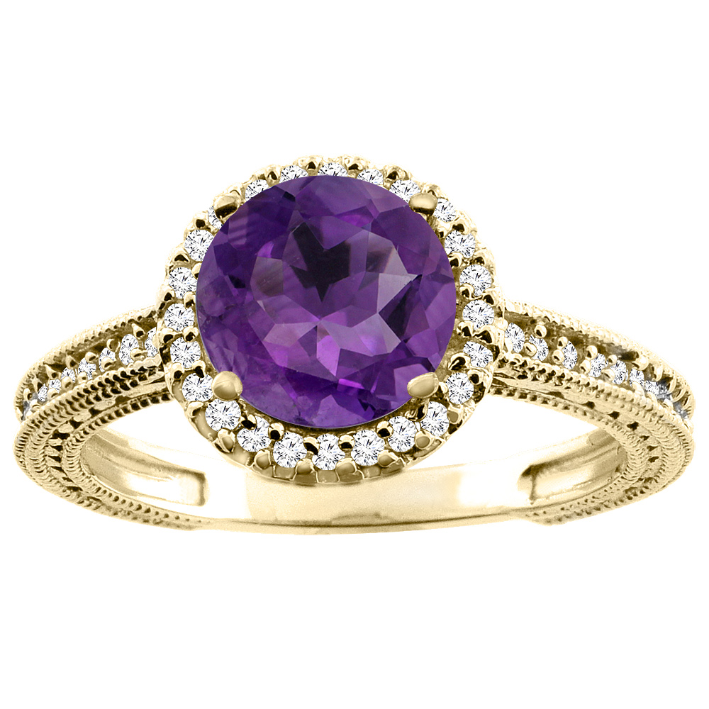 14K White/Yellow/Rose Gold Natural Amethyst Ring Round 7mm Diamond Accent, sizes 5 - 10