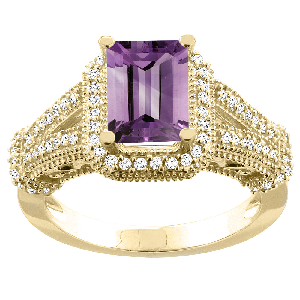 14K White/Yellow/Rose Gold Natural Amethyst Ring Octagon 8x6mm Diamond Accent, sizes 5-10