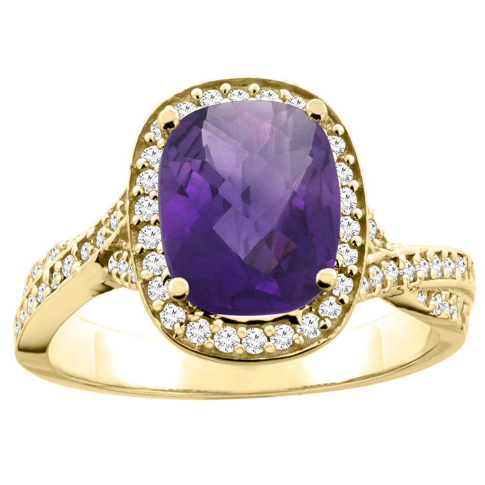 14K Yellow Gold Natural Amethyst Halo Ring Cushion 9x7mm Diamond Accent 1/2 inch wide, sizes 5 - 10