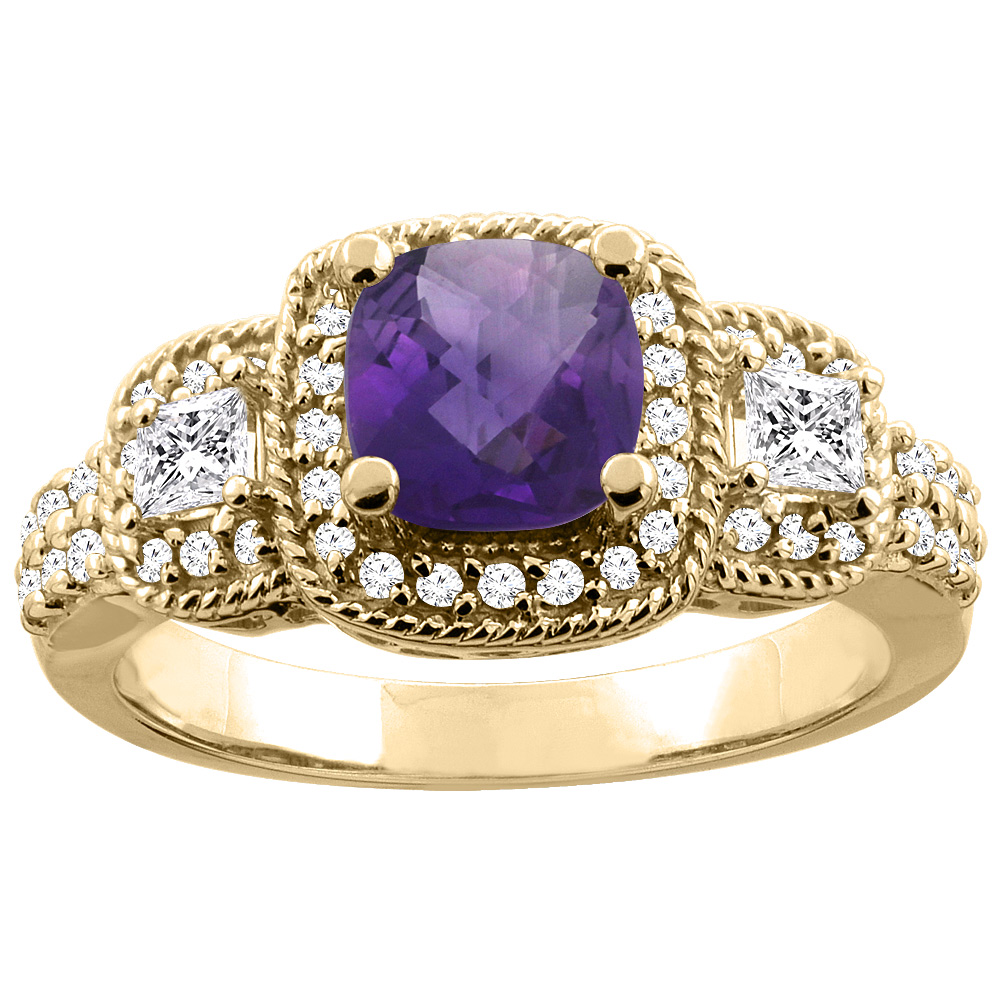 14K Yellow Gold Natural Amethyst Ring Cushion-cut 6x6 mm Diamond Accent, sizes 5 - 10