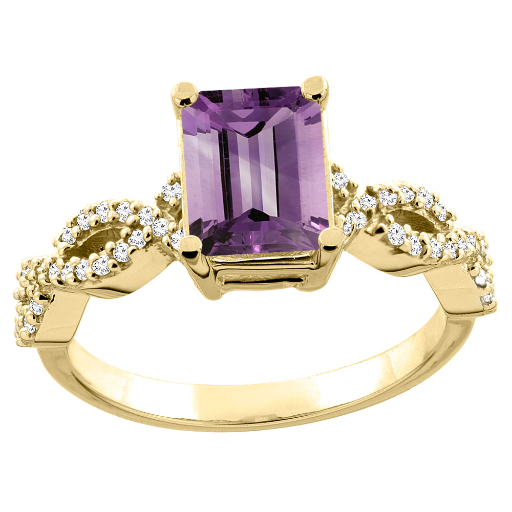 14K White/Yellow Gold Natural Amethyst Eternity Ring Octagon 9x7mm Diamond Accent, sizes 5 - 10