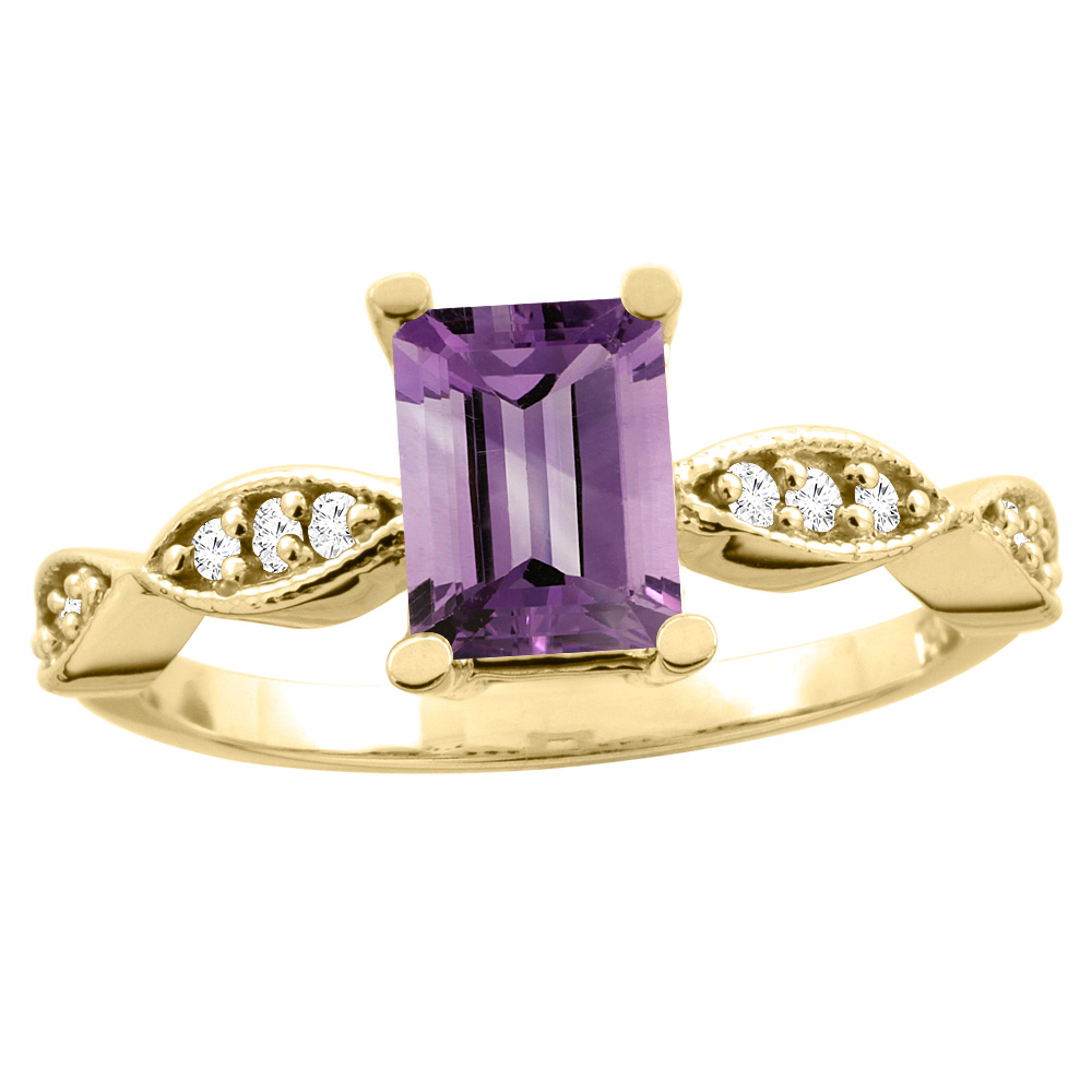 10K White/Yellow Gold Natural Amethyst Ring Octagon 8x6mm Diamond Accent, sizes 5 - 10