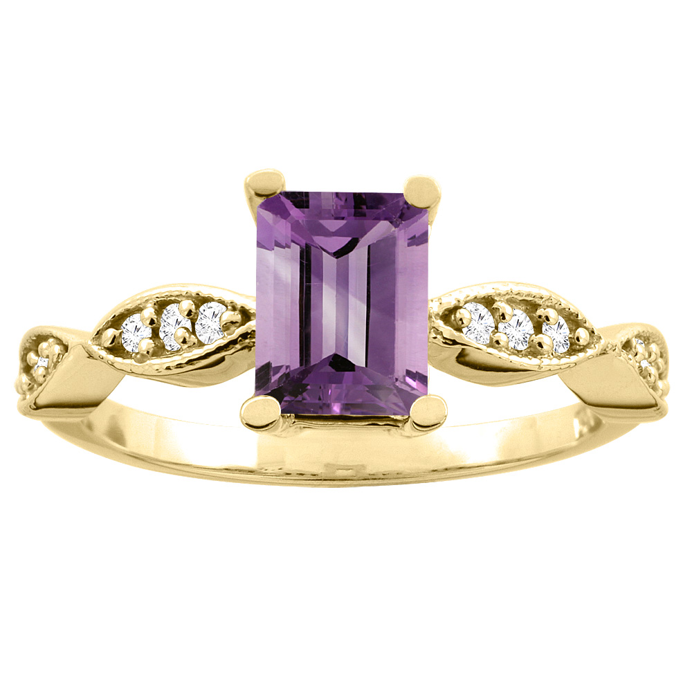14K White/Yellow Gold Natural Amethyst Ring Octagon 7x5mm Diamond Accents, sizes 5 -10